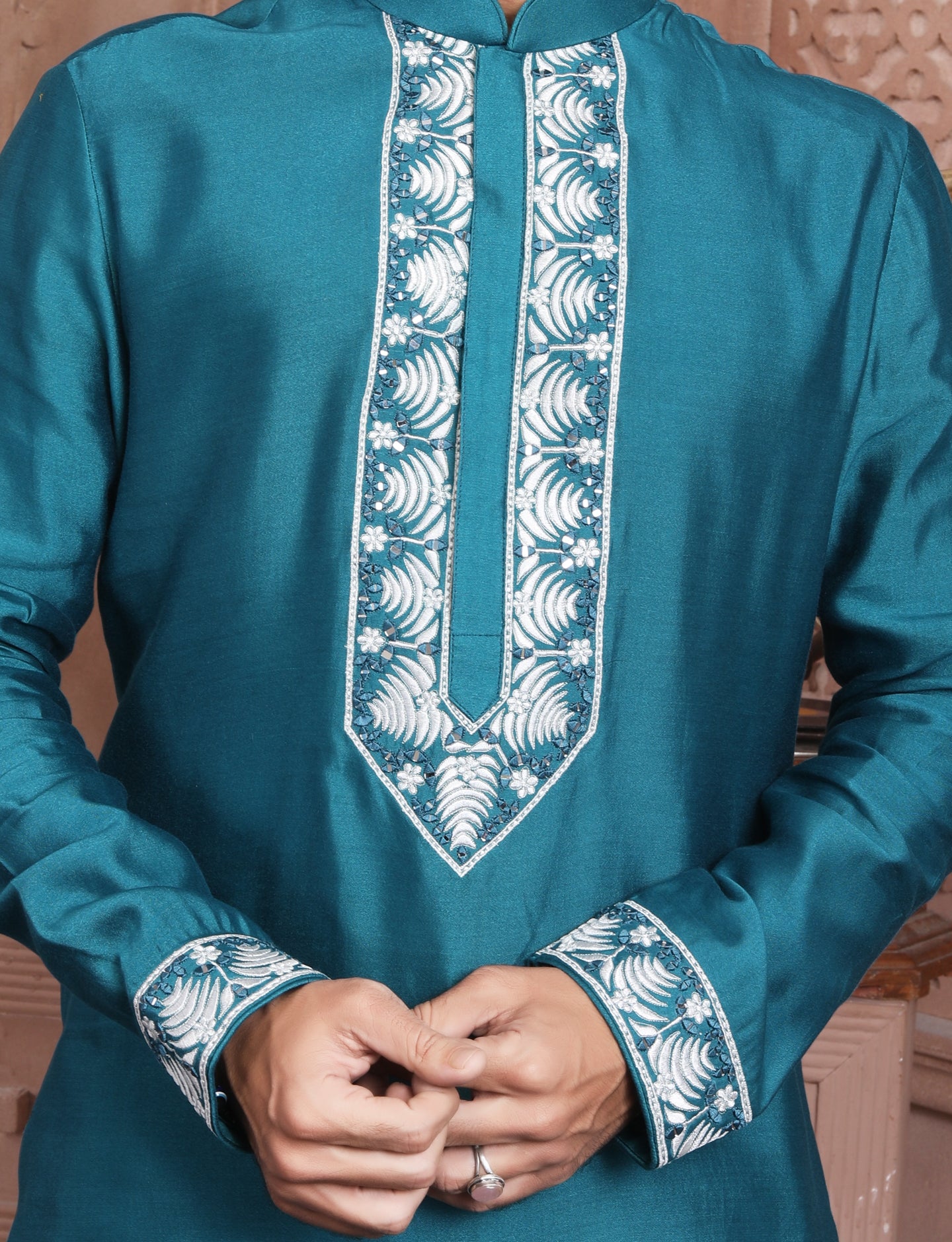 Dark Turquoise Elegant Silk Embroidery Kurta With Aligarhi Pant