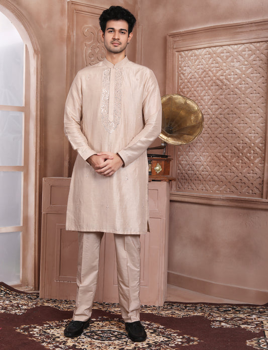 Light Peach Ethnic Handcrafted Kurta With Aligarhi Pant