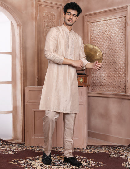 Light Peach Ethnic Handcrafted Kurta With Aligarhi Pant