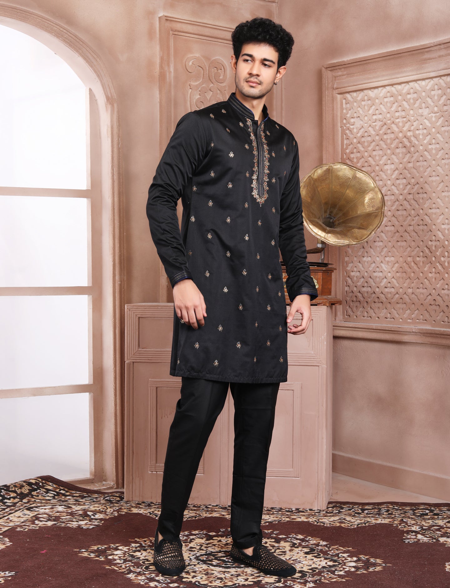 Black Banarasi Silk Elegant Hand Embroidery Kurta With Aligarhi Pant