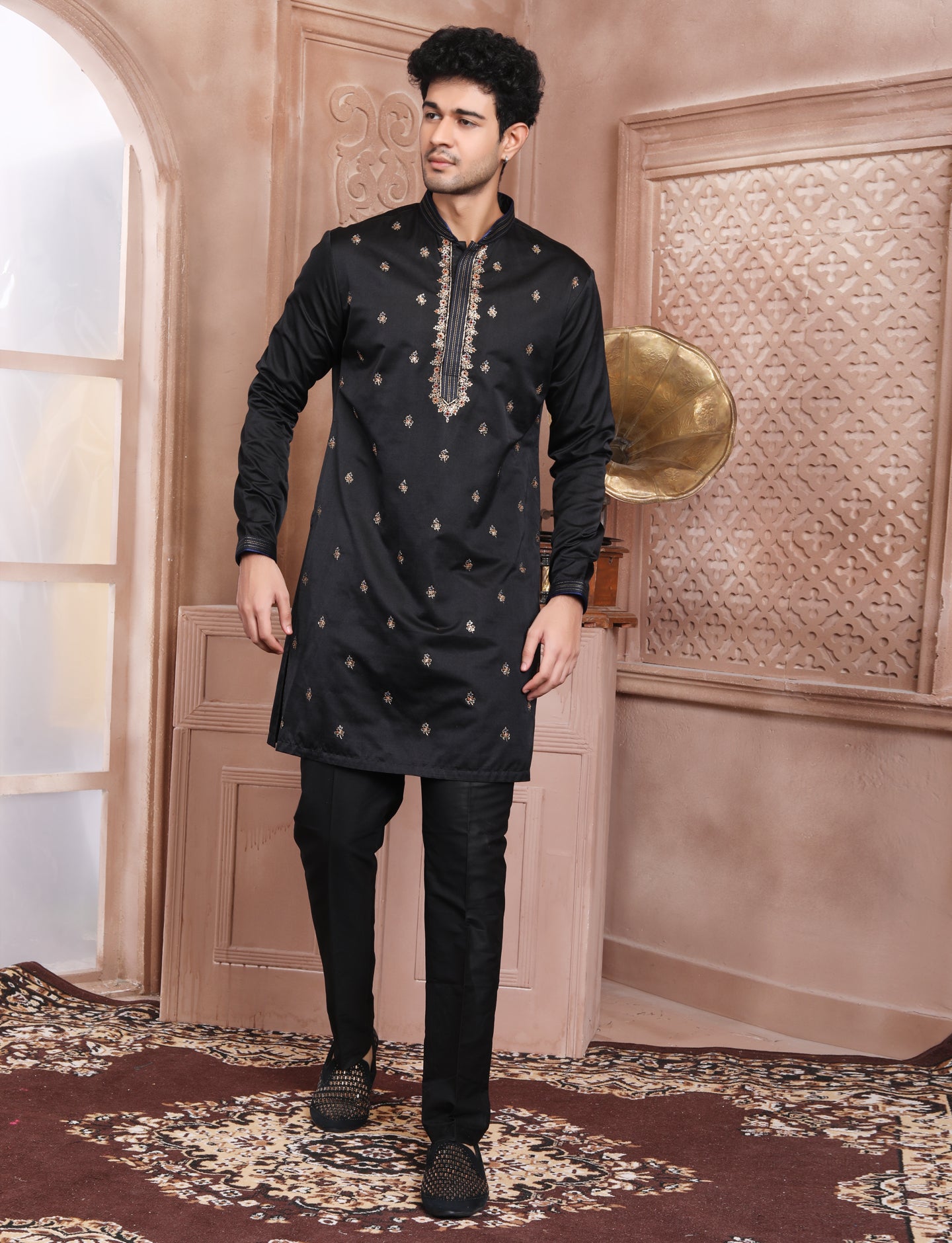 Black Banarasi Silk Elegant Hand Embroidery Kurta With Aligarhi Pant