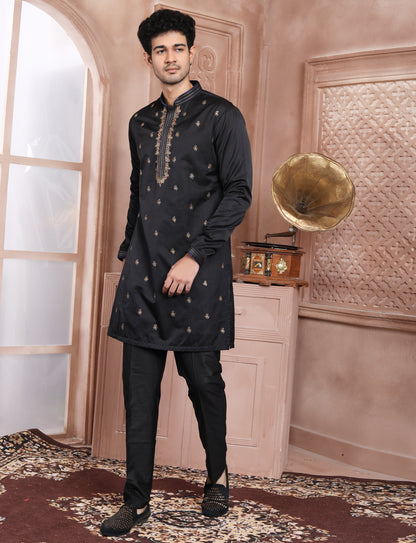 Black Banarasi Silk Elegant Hand Embroidery Kurta With Aligarhi Pant