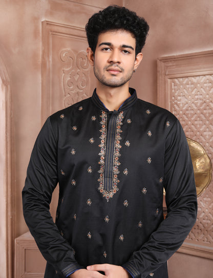 Black Banarasi Silk Elegant Hand Embroidery Kurta With Aligarhi Pant