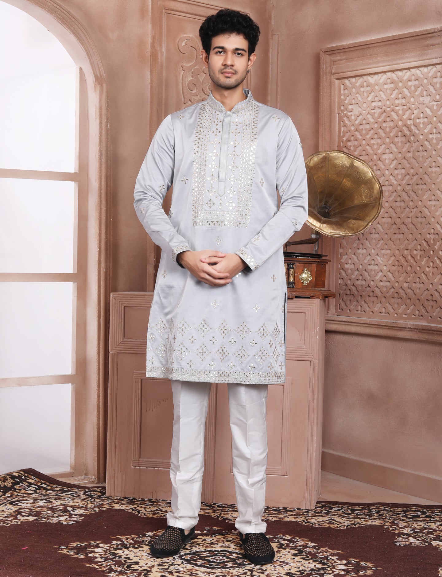 Grey Banarasi Silk Leather Handcrafted Kurta With Aligarhi Pant