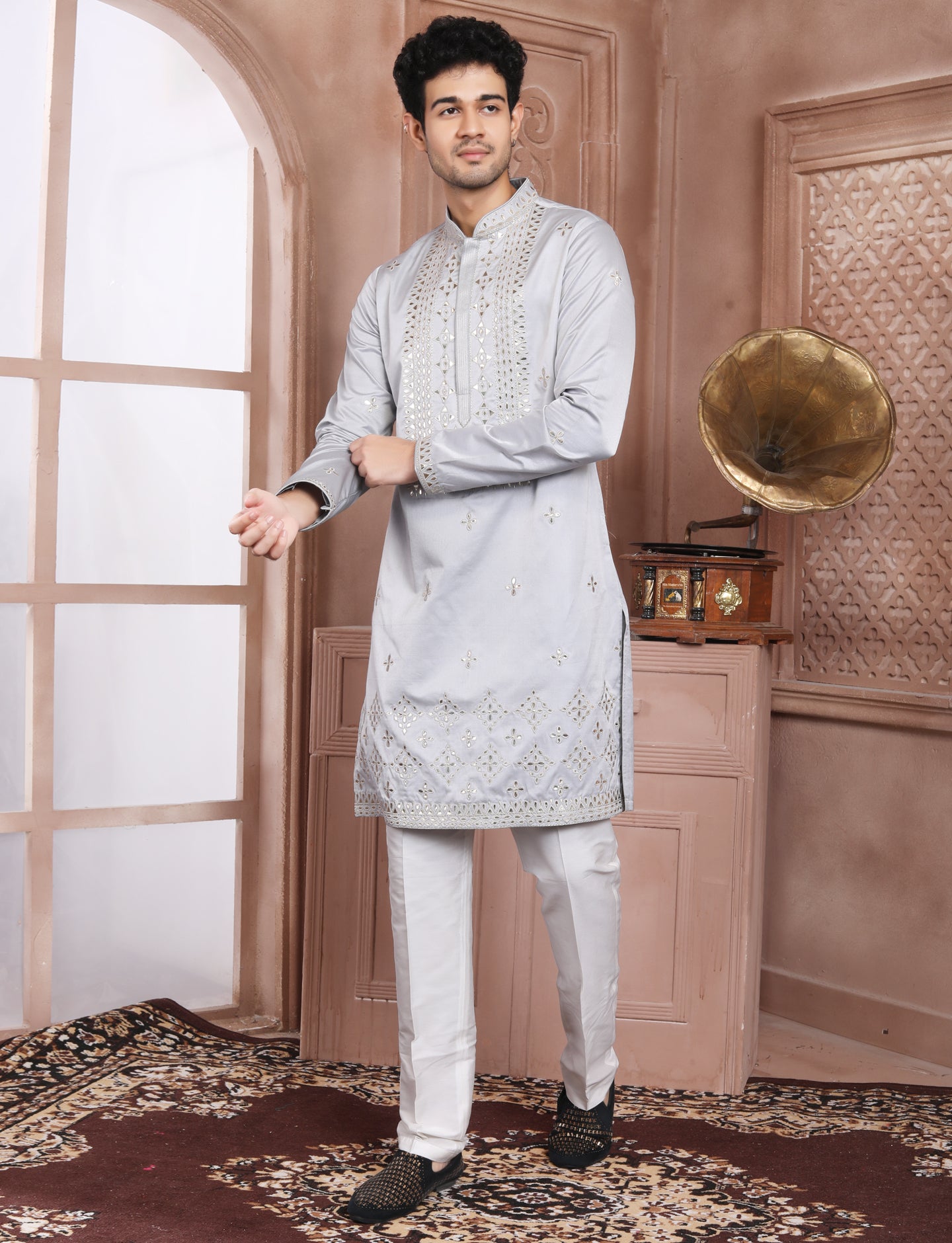 Grey Banarasi Silk Leather Handcrafted Kurta With Aligarhi Pant