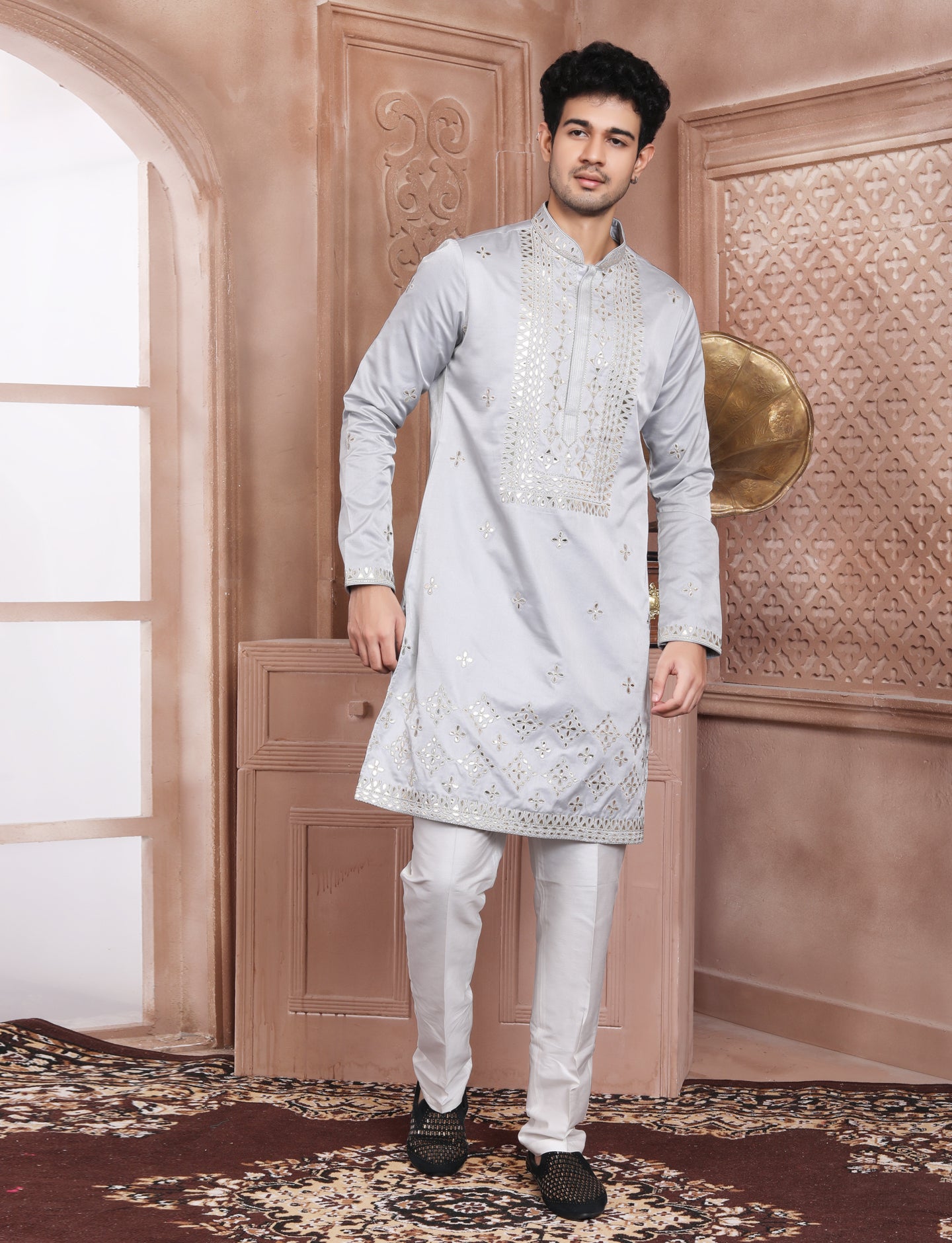 Grey Banarasi Silk Leather Handcrafted Kurta With Aligarhi Pant