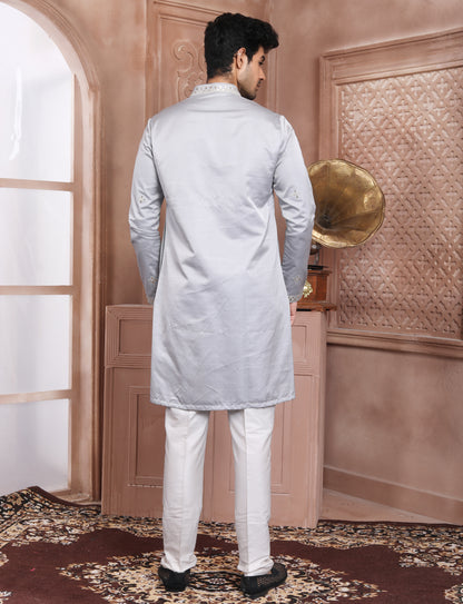 Grey Banarasi Silk Leather Handcrafted Kurta With Aligarhi Pant