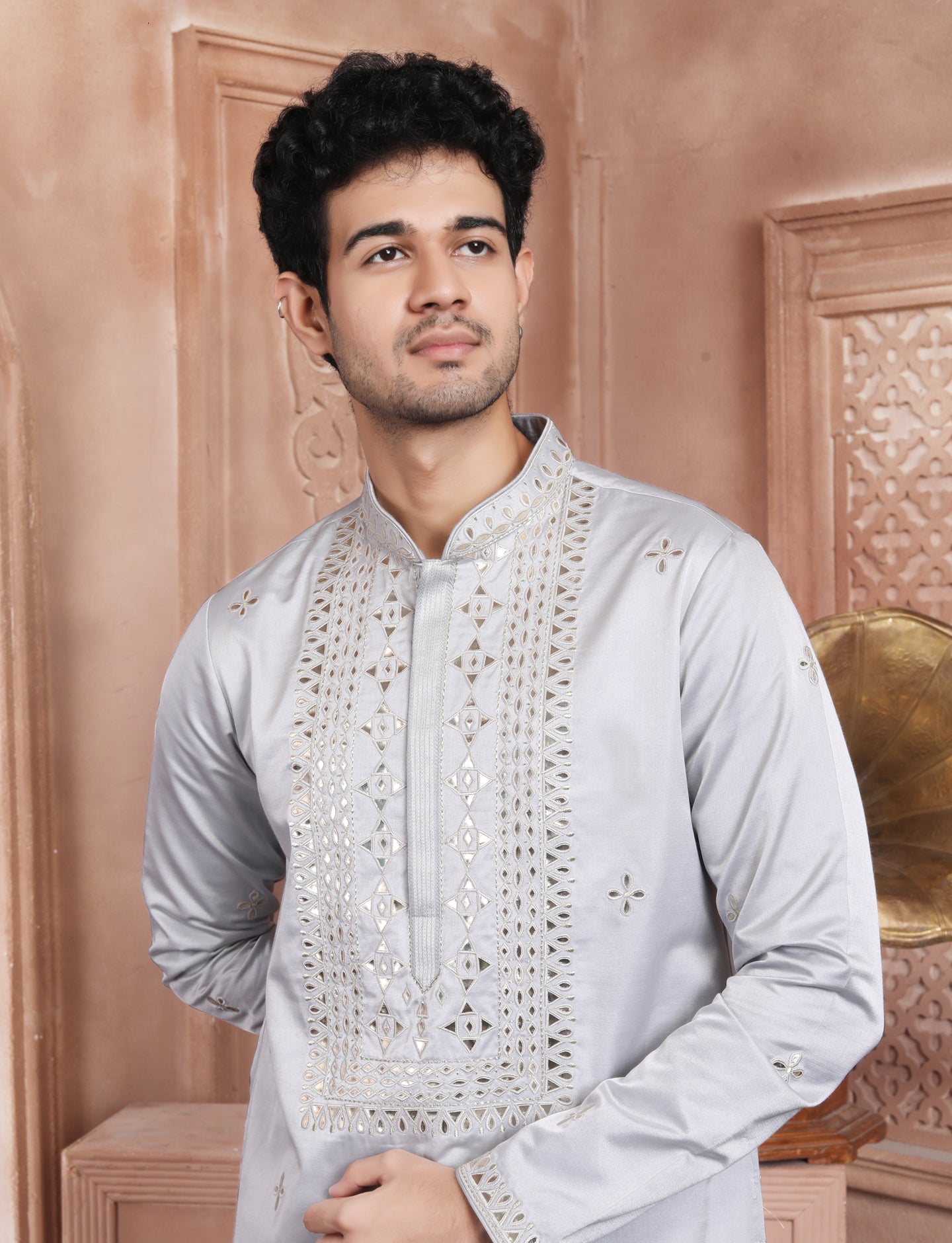 Grey Banarasi Silk Leather Handcrafted Kurta With Aligarhi Pant