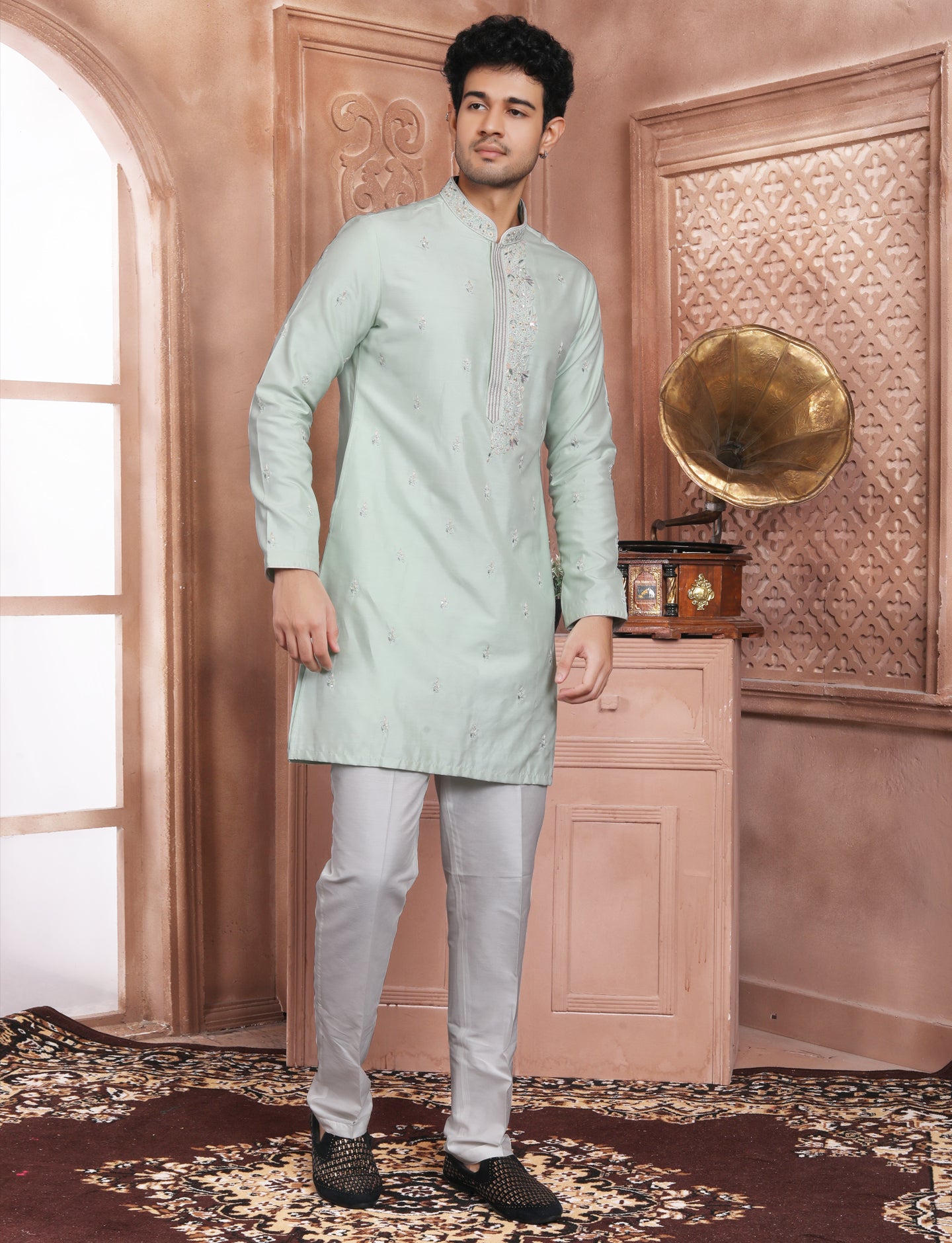 Sea Green Banarasi Silk stylish Handcrafted Kurta With Aligarhi Pant