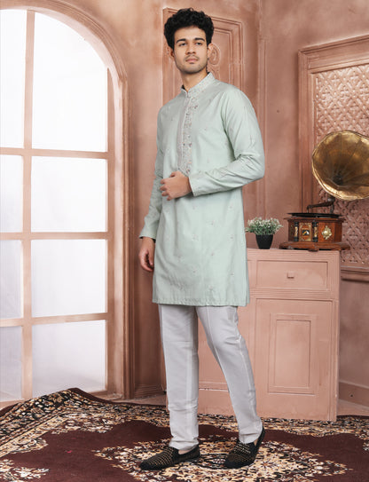 Sea Green Banarasi Silk stylish Handcrafted Kurta With Aligarhi Pant