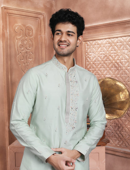 Sea Green Banarasi Silk stylish Handcrafted Kurta With Aligarhi Pant