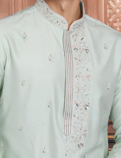 Sea Green Banarasi Silk stylish Handcrafted Kurta With Aligarhi Pant