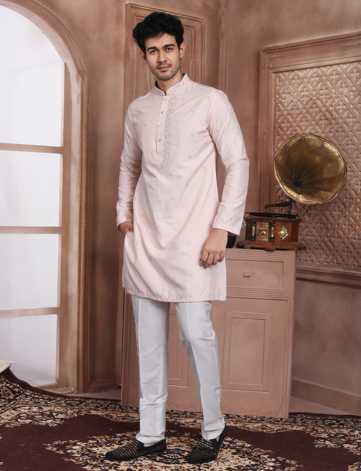 Pitch Banarasi Silk stylish Handcrafted Kurta With Aligarhi Pant