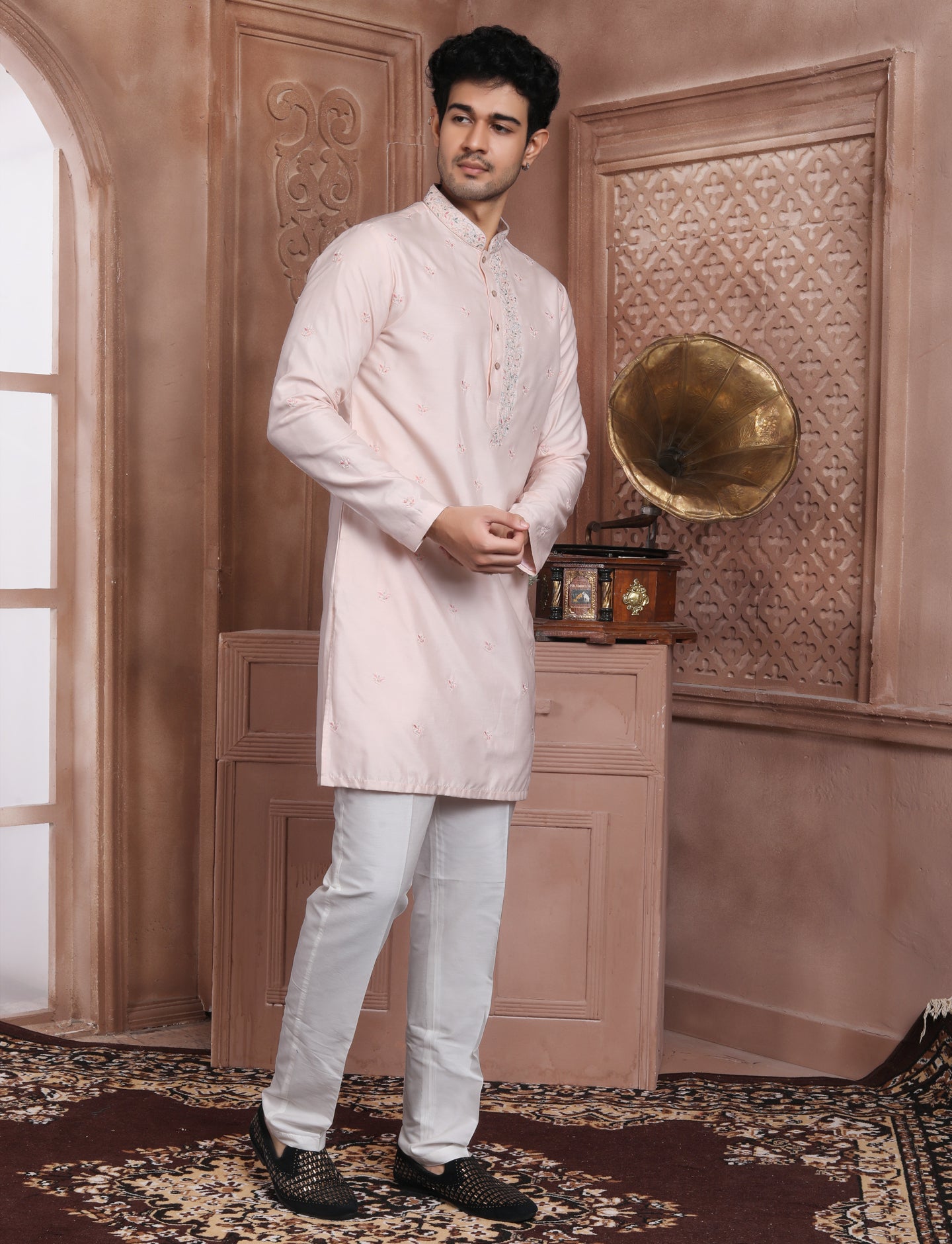 Pitch Banarasi Silk stylish Handcrafted Kurta With Aligarhi Pant