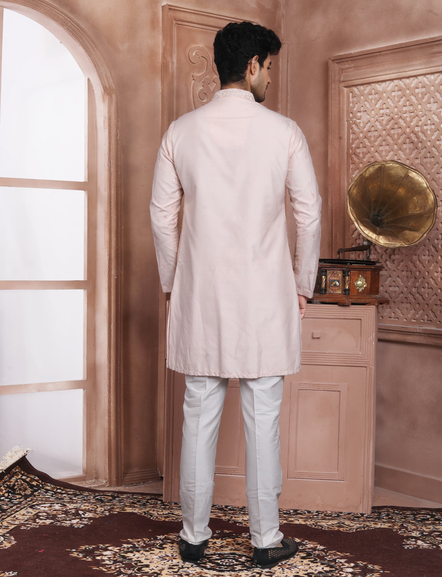 Pitch Banarasi Silk stylish Handcrafted Kurta With Aligarhi Pant