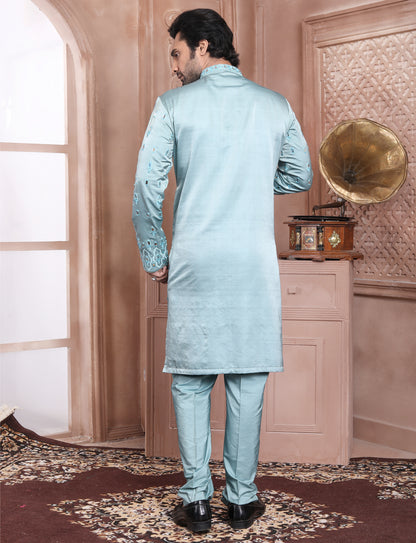 Grey Banarasi Silk Full Mirror Work Handcrafted Kurta With Aligarhi Pant