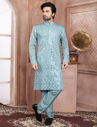 Grey Banarasi Silk Full Mirror Work Handcrafted Kurta With Aligarhi Pant