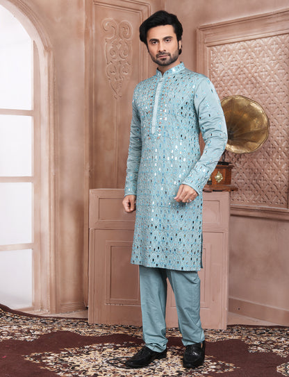 Grey Banarasi Silk Full Mirror Work Handcrafted Kurta With Aligarhi Pant