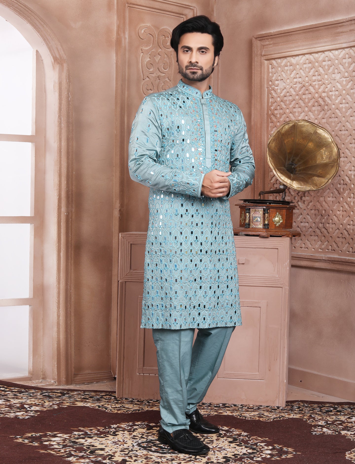 Grey Banarasi Silk Full Mirror Work Handcrafted Kurta With Aligarhi Pant