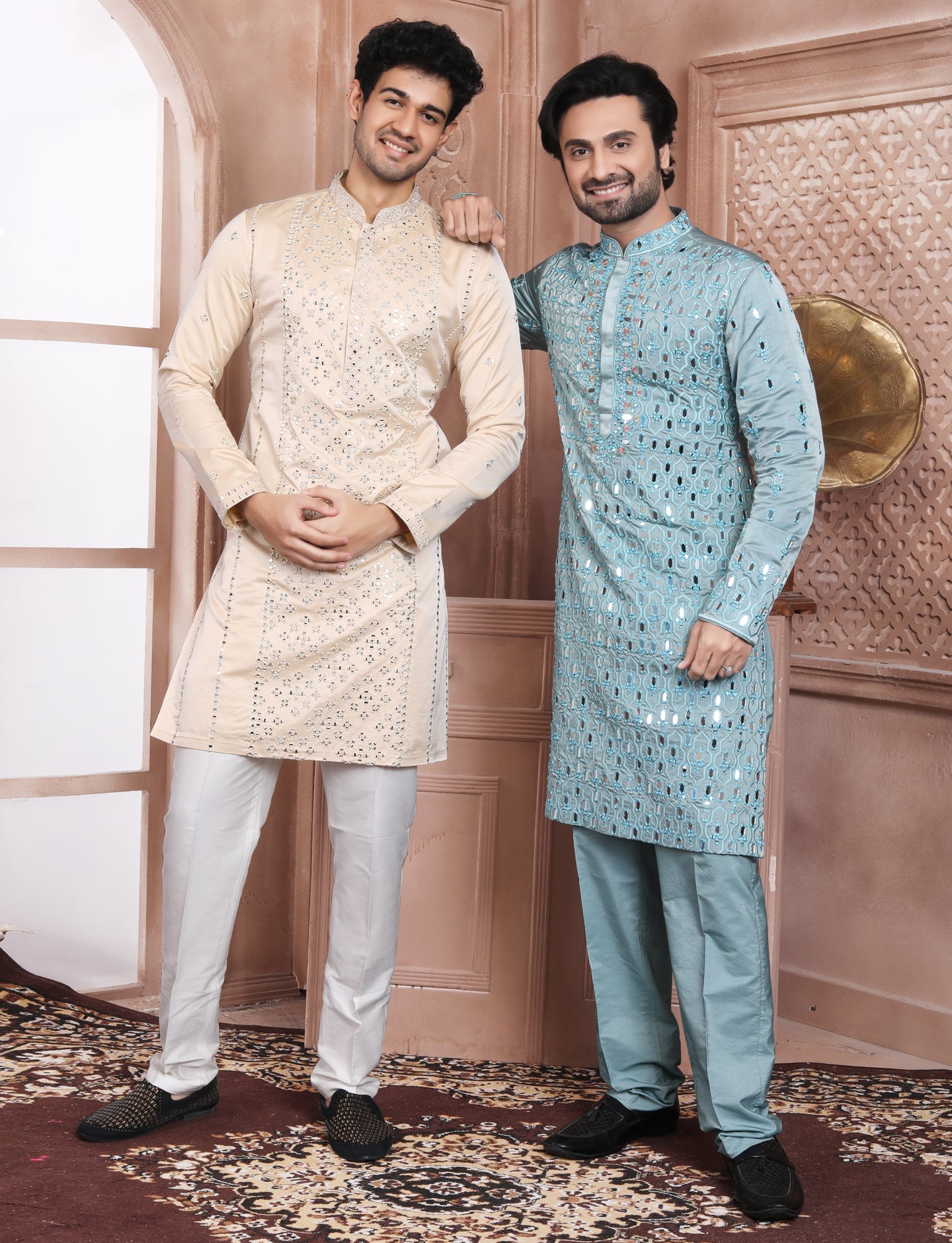 Pastal Rose Banarasi Silk Mirror Work Handcrafted Kurta With Aligarhi Pant