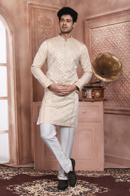 Pastal Rose Banarasi Silk Mirror Work Handcrafted Kurta With Aligarhi Pant