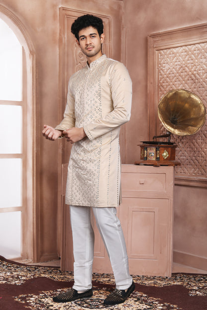 Pastal Rose Banarasi Silk Mirror Work Handcrafted Kurta With Aligarhi Pant