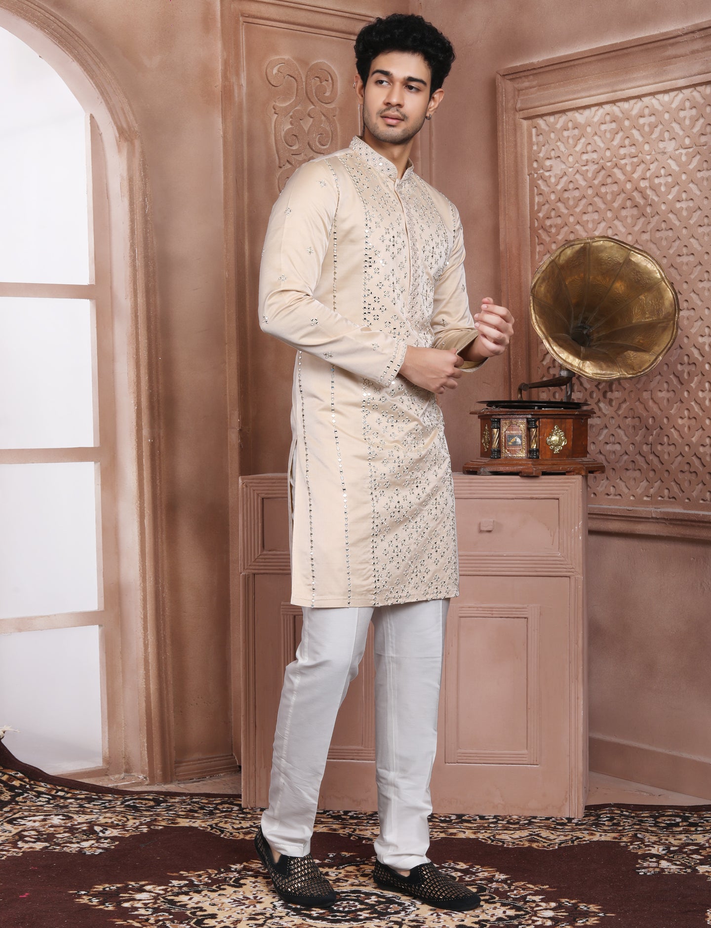 Pastal Rose Banarasi Silk Mirror Work Handcrafted Kurta With Aligarhi Pant