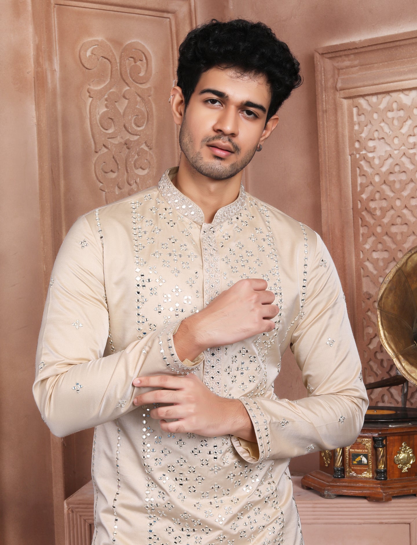 Pastal Rose Banarasi Silk Mirror Work Handcrafted Kurta With Aligarhi Pant