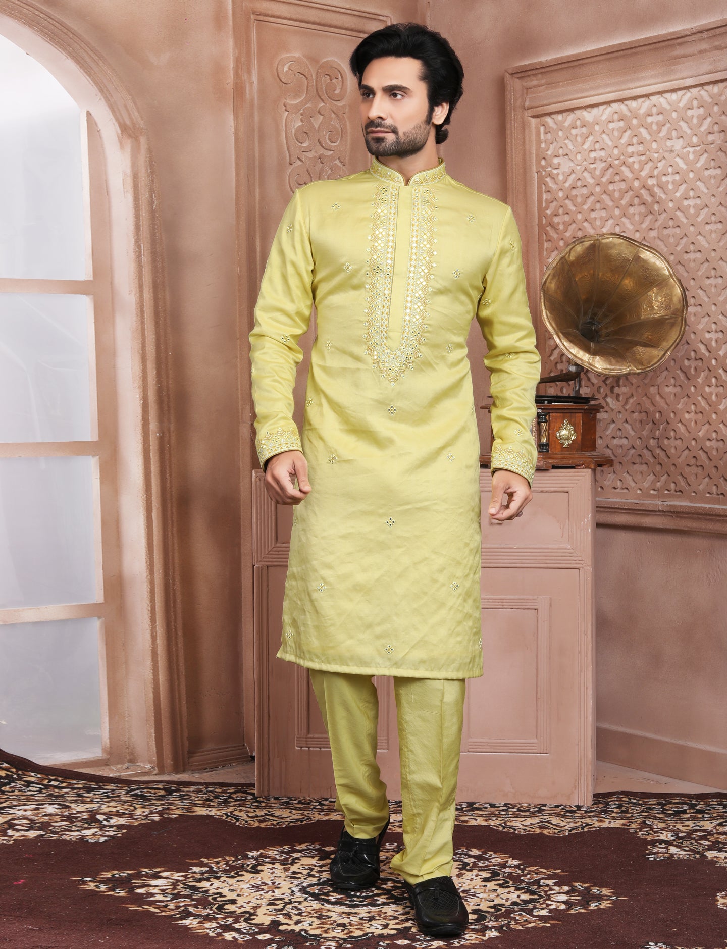 Yellow Banarasi Silk Ethnic Handcrafted Kurta With Aligarhi Pant