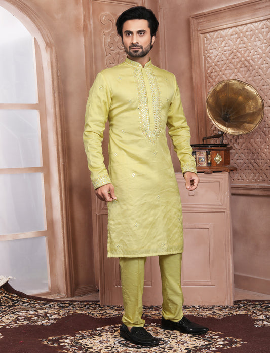 Yellow Banarasi Silk Ethnic Handcrafted Kurta With Aligarhi Pant