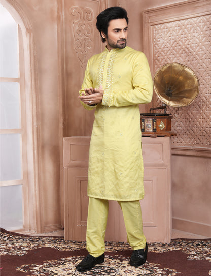 Yellow Banarasi Silk Ethnic Handcrafted Kurta With Aligarhi Pant