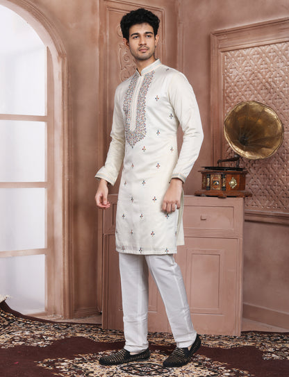 Cream Ethnic Handcrafted Kurta With Aligarhi Pant