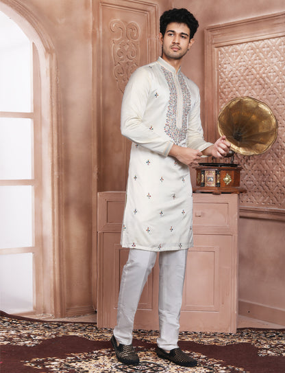 Cream Ethnic Handcrafted Kurta With Aligarhi Pant