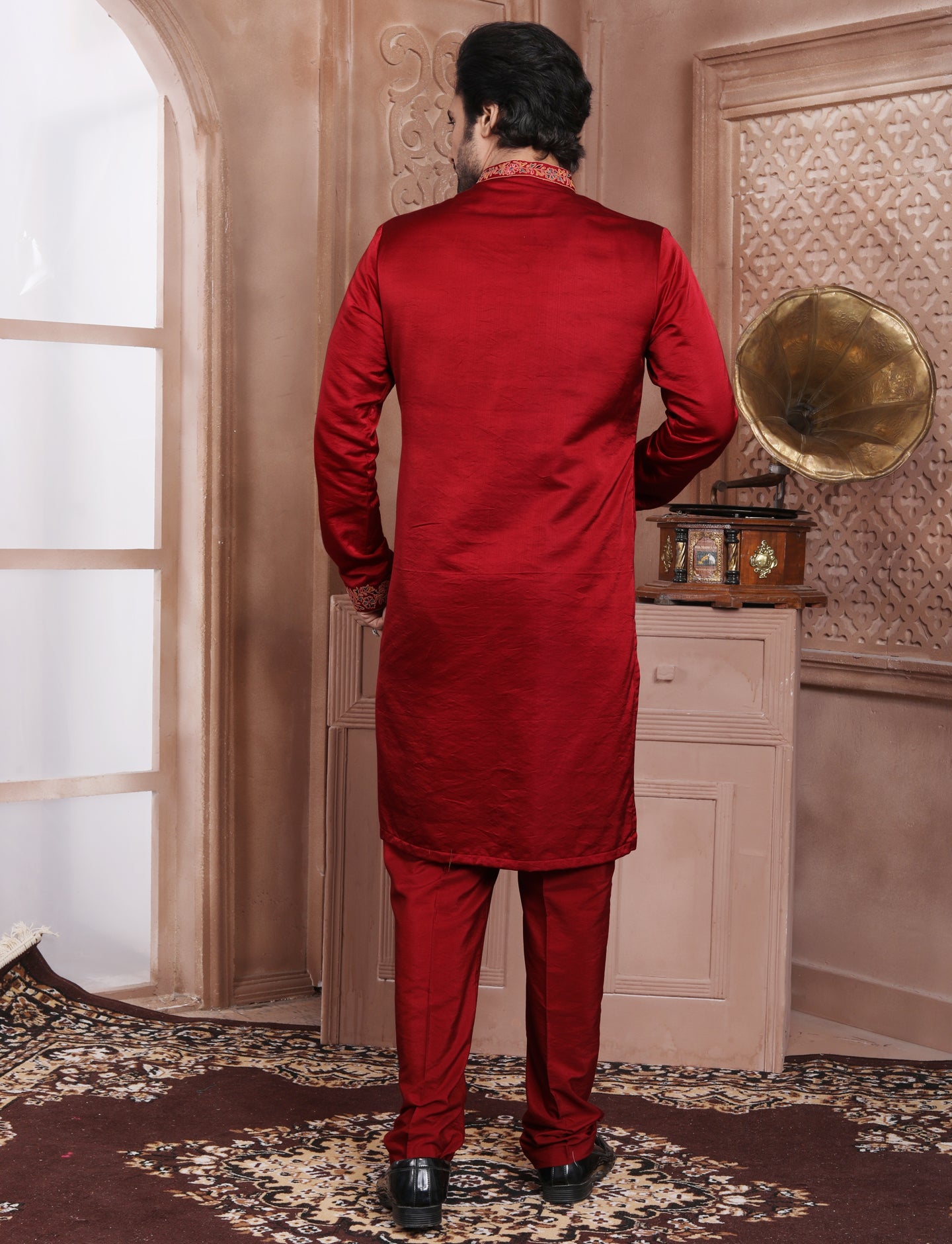 Red Banarasi Silk Stylish Handcrafted Kurta With Aligarhi Pant