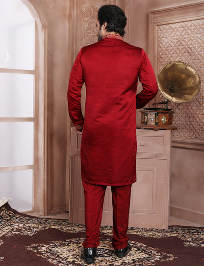 Red Banarasi Silk Stylish Handcrafted Kurta With Aligarhi Pant