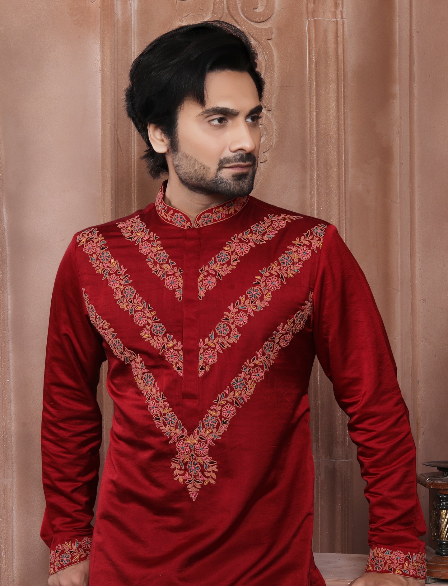 Red Banarasi Silk Stylish Handcrafted Kurta With Aligarhi Pant