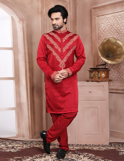 Red Banarasi Silk Stylish Handcrafted Kurta With Aligarhi Pant