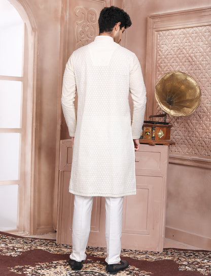 Cream Full Hand Embroidery Kurta With Aligarhi Pant