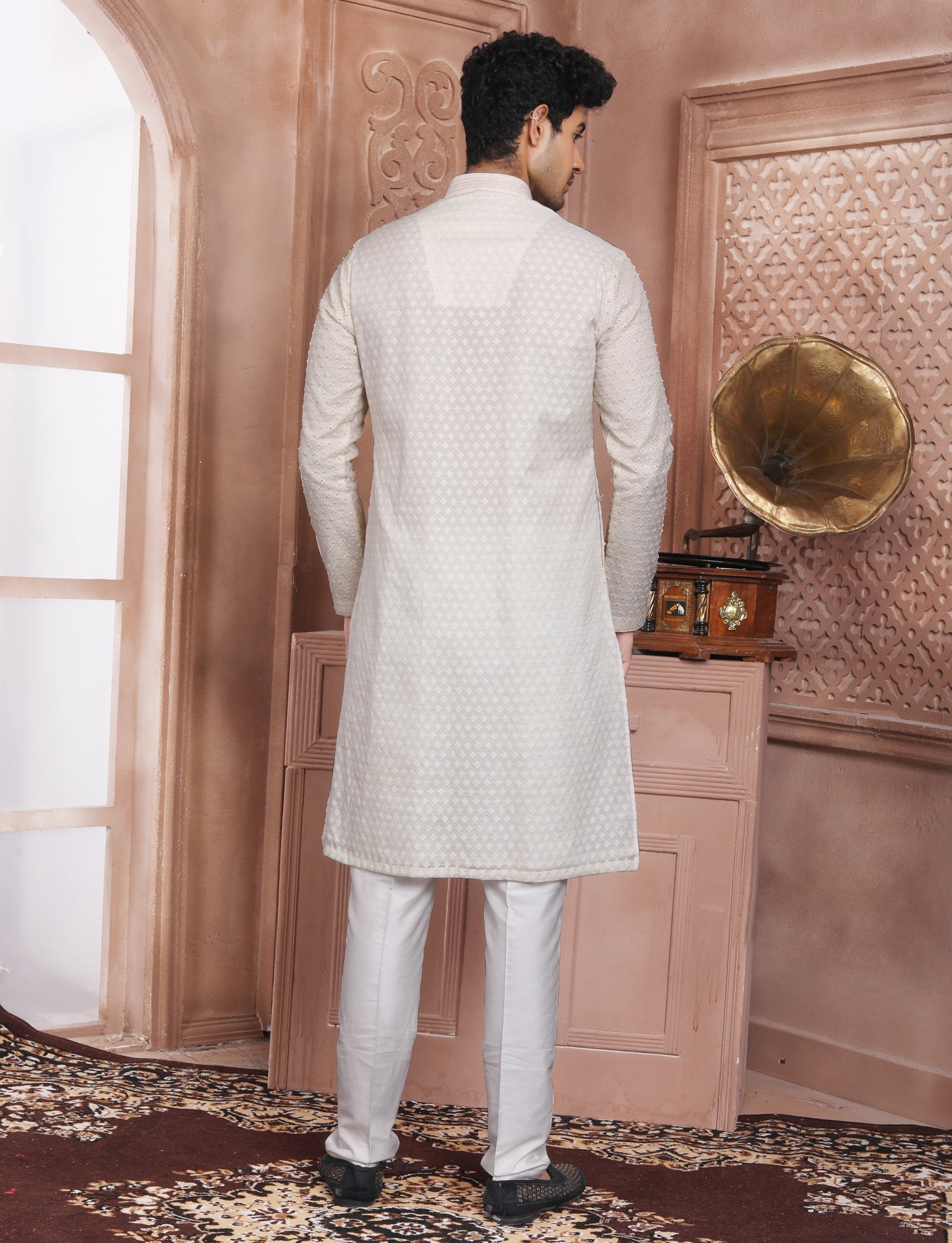 Cream Full Hand Embroidery Kurta With Aligarhi Pant