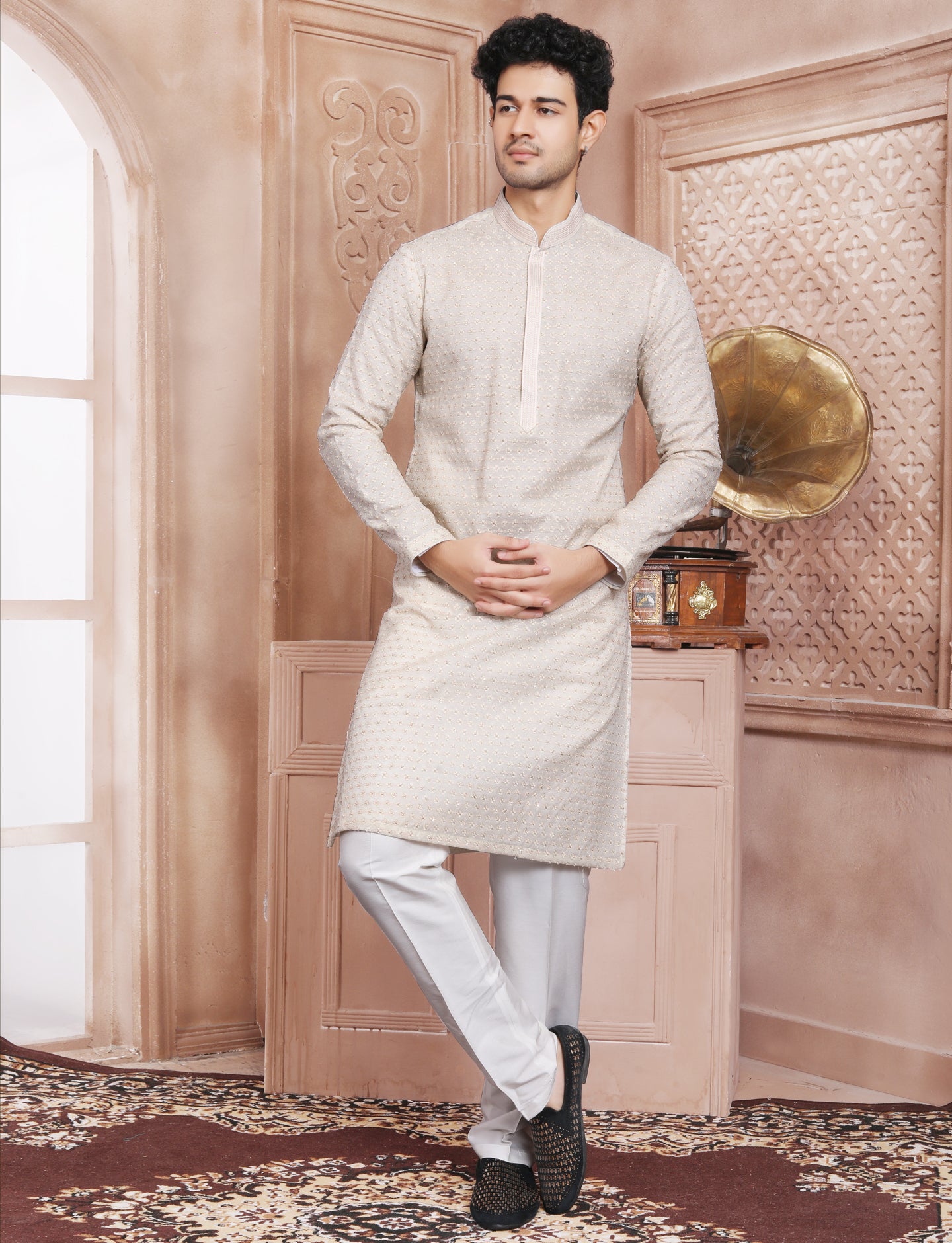 Cream Full Hand Embroidery Kurta With Aligarhi Pant