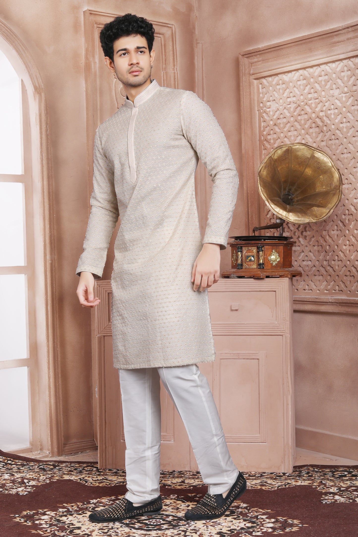 Cream Full Hand Embroidery Kurta With Aligarhi Pant