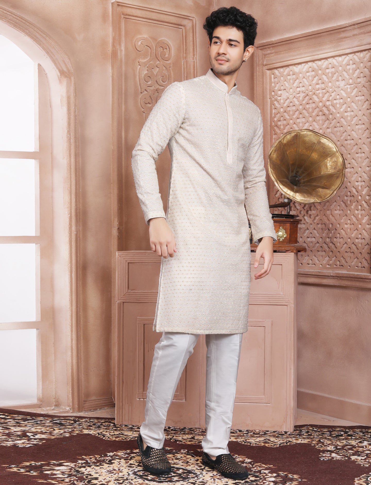 Cream Full Hand Embroidery Kurta With Aligarhi Pant