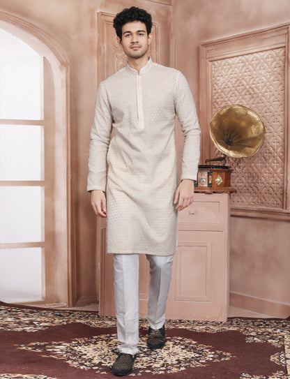 Cream Full Hand Embroidery Kurta With Aligarhi Pant