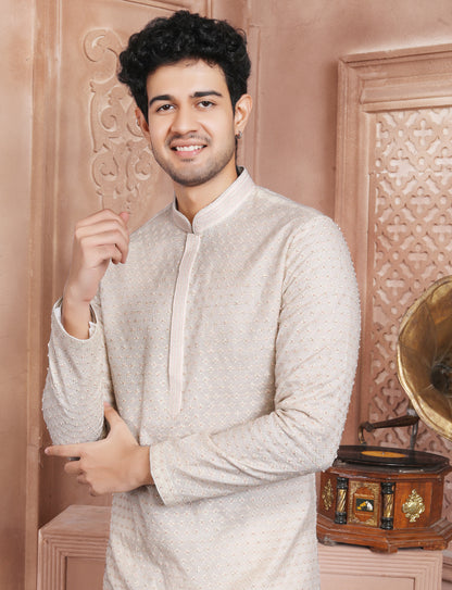 Cream Full Hand Embroidery Kurta With Aligarhi Pant