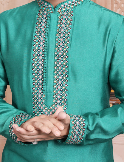 Green kurta Jari Embroidery With Potli Button With Aligarhi Pant