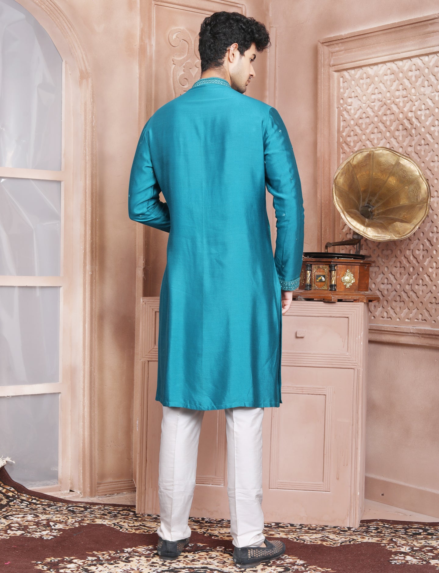 Dark Turquoise Elegant Silk Embroidery Kurta With Aligarhi Pant