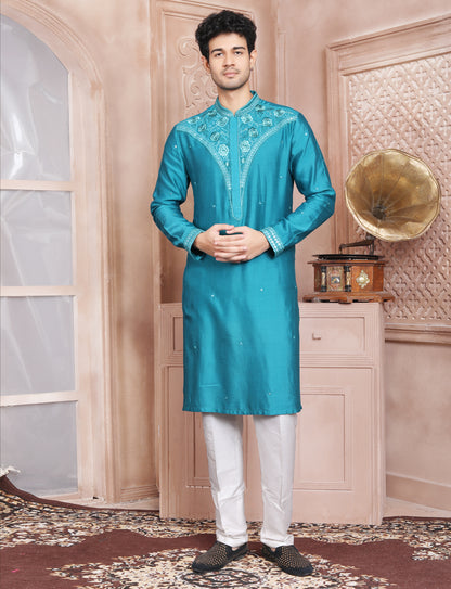 Dark Turquoise Elegant Silk Embroidery Kurta With Aligarhi Pant