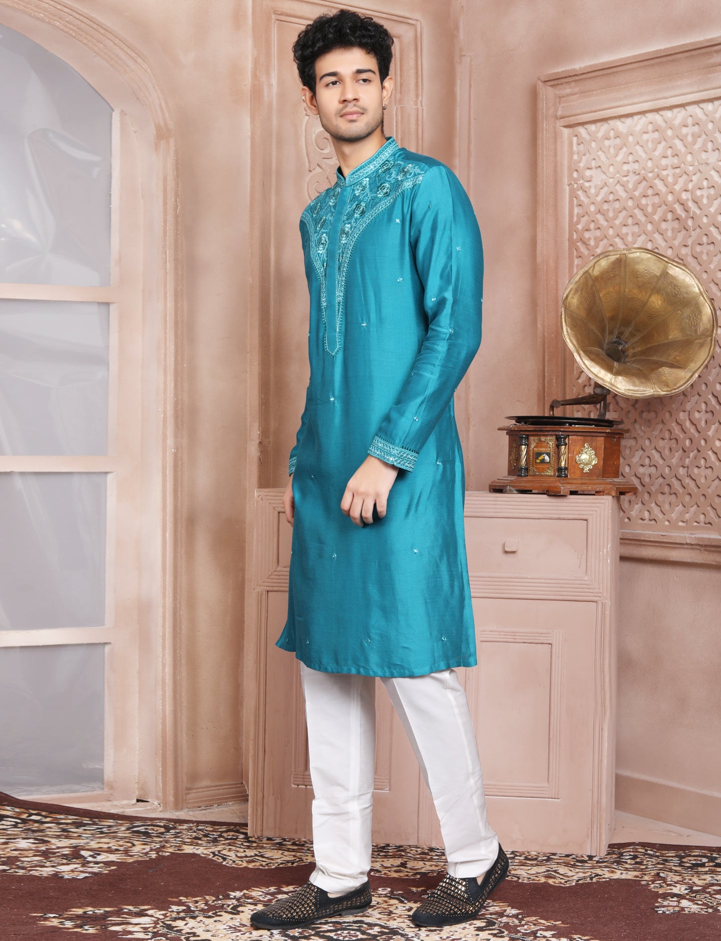 Dark Turquoise Elegant Silk Embroidery Kurta With Aligarhi Pant