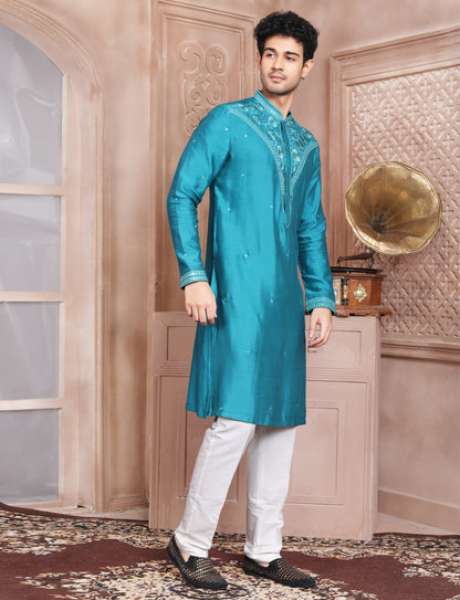 Dark Turquoise Elegant Silk Embroidery Kurta With Aligarhi Pant