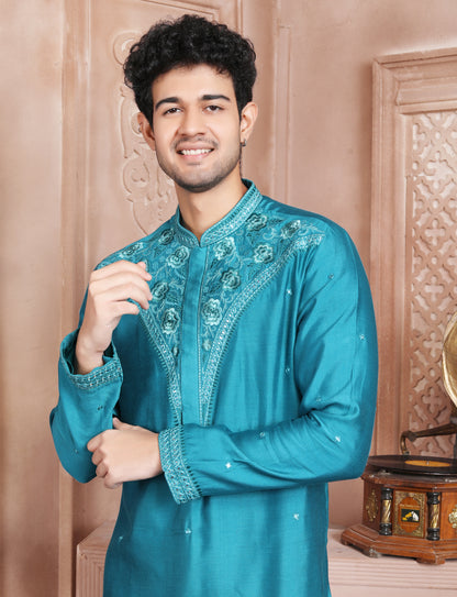 Dark Turquoise Elegant Silk Embroidery Kurta With Aligarhi Pant